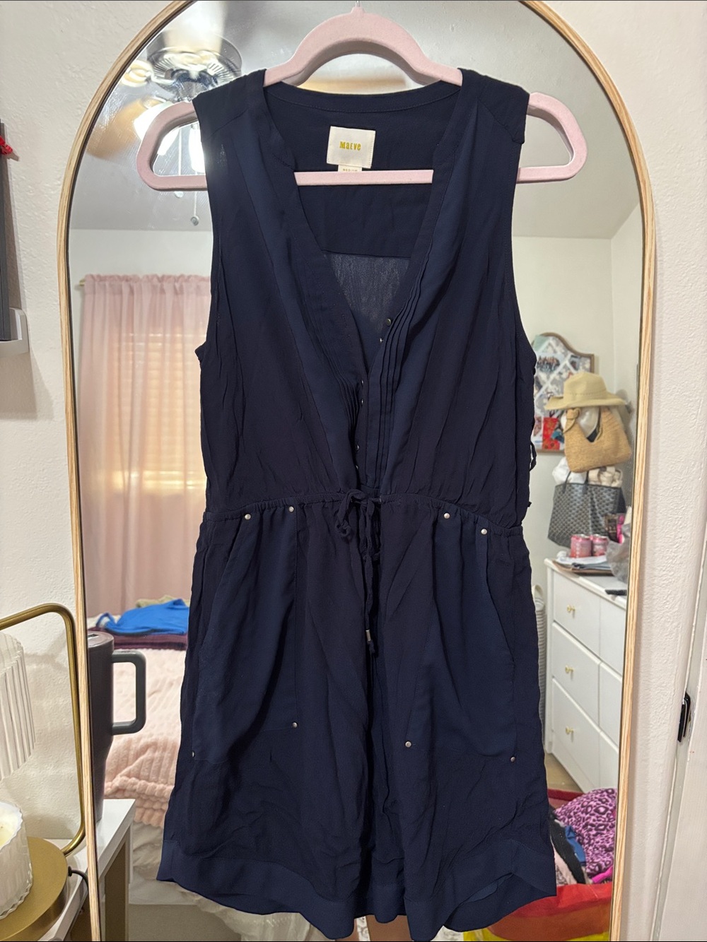 Navy Sleeveless Dress with Drawstring Waist